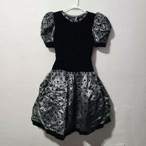 Victor Costa Velvet Polka Dot Puff Sleeve Tulled Dress Size 8 Gray Black